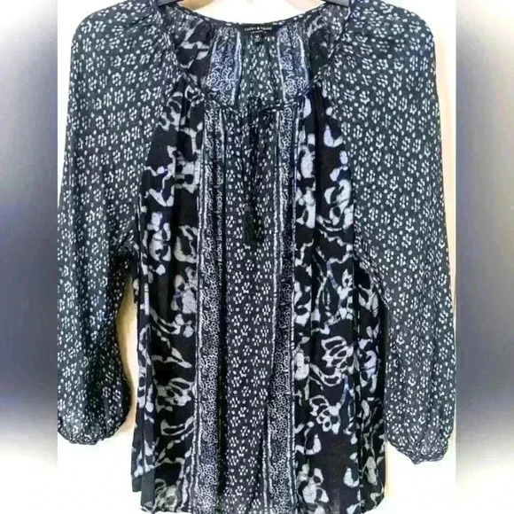 Lucky Brand Navy Blues Peasant Style Semi-Sheer Print Blouse Med - Picture 1 of 9